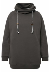 Felpa con cappuccio grigio scuro, colletto alto, lacci regolabili con toggle in legno e polsini a costine. Tessuto morbido.