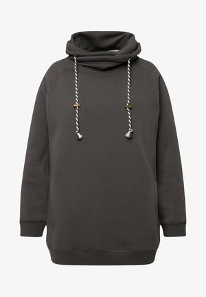 Dunkelgrauer Kapuzenpullover mit hohem Kragen, verstellbaren Kordeln mit Holzknöpfen und gerippten Bündchen. Weicher Stoff.