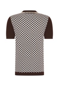 Short-sleeve knit polo with a brown and light blue houndstooth pattern, featuring a solid brown collar and cuffs for contrast.