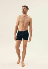 Schwarze Boxershorts mit einem dezenten Muster und einem gebrandeten Bund, getragen von einem Modell mit nacktem Oberkörper vor einem neutralen Hintergrund.