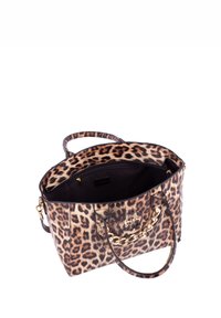 Geantă de tote cu imprimeu leopard, mânere negre, accent cu lanț auriu și un buzunar interior cu fermoar. Fabricată din material sintetic texturat.