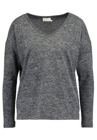 Pull gris à manches longues avec un col en V, présentant un motif en maille texturée. Coupe ample avec épaules tombantes, offrant un confort décontracté.