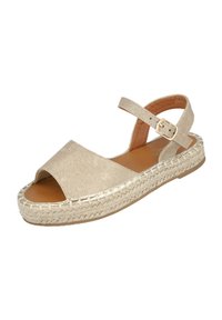Sandalia espadrille beige con un upper texturizado, diseño de punta abierta, tira en el tobillo con hebilla y suela trenzada de yute.