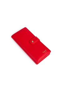 Red leather wallet with a smooth texture, rectangular shape, single snap closure, and gold hardware logo accent.