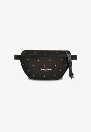 Marsupio nero con piccoli pois bianchi, realizzato in tessuto resistente, dotato di chiusura a zip e tracolla regolabile, con logo Eastpak visibile.