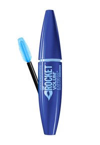 Mascara Maybelline Rocket Volum' Express dans un tube métallique bleu, avec une brosse applicatrice noire dotée d'un embout en poils texturé.