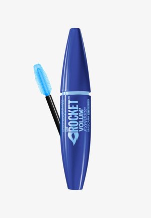 Tusz do rzęs Maybelline Rocket Volum' Express w niebieskiej metalicznej tubie, z czarną szczoteczką aplikacyjną z teksturowaną końcówką.