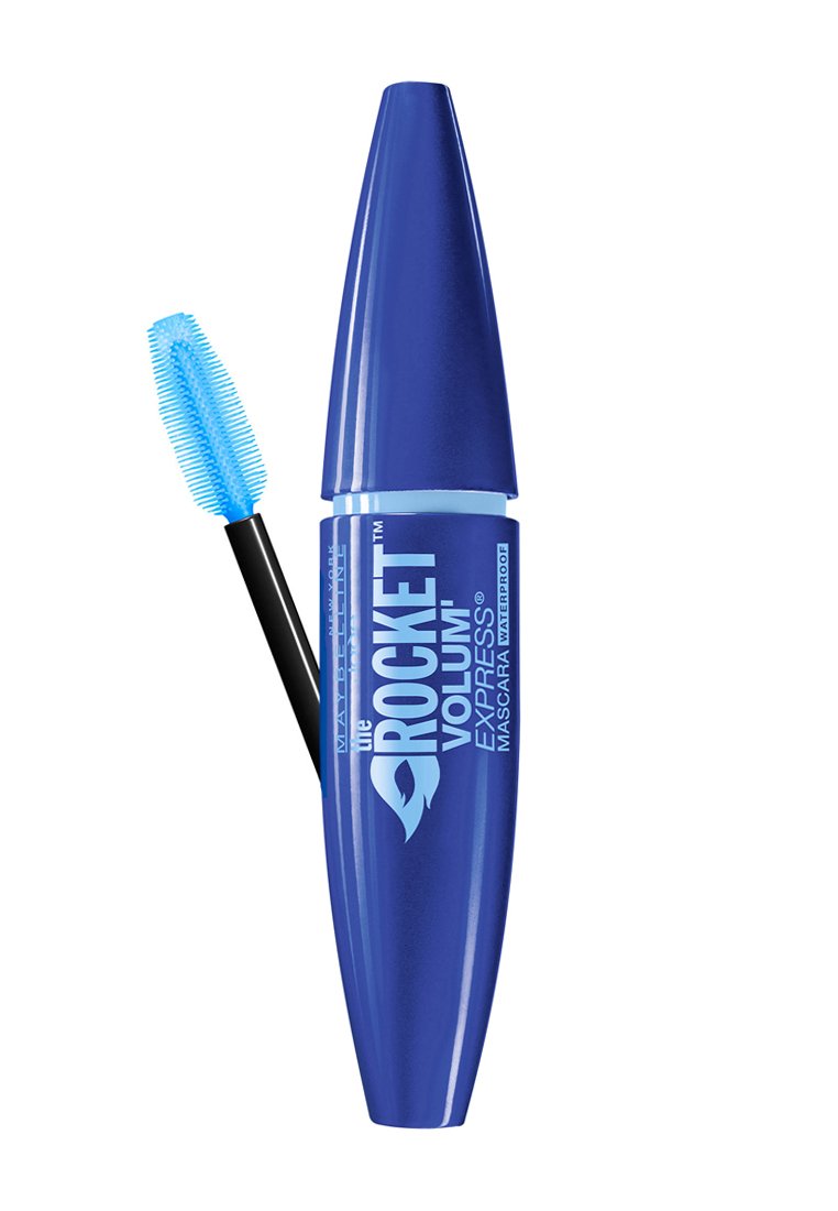 Mascara Maybelline Rocket Volum' Express dans un tube métallique bleu, avec une brosse applicatrice noire dotée d'un embout en poils texturé.