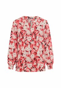 Blumenbluse mit langen Ärmeln in verschiedenen Rosatönen, Weiß und Schwarz. Mit V-Ausschnitt und gerafften Details an der Vorderseite.
