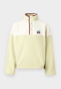 Light green fleece pullover with a white upper section, high collar, and three button closure, featuring a small logo on the chest.