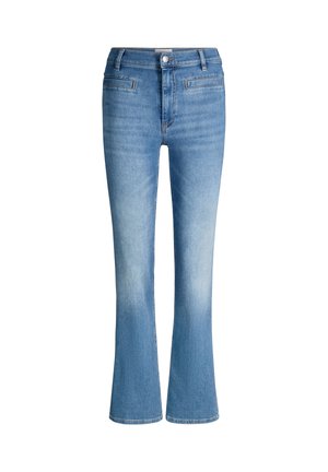 Jeans in denim azzurro chiaro con vita media, chiusura frontale con bottone e cerniera, due tasche anteriori a fessura e gambe leggermente svasate.