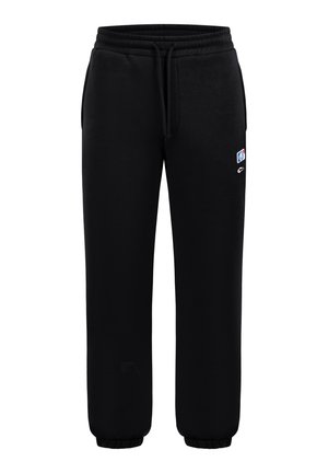 Pantaloni della tuta neri con vita elasticizzata, coulisse, tasche laterali, polsini alle caviglie e piccolo logo multicolore sulla coscia destra.