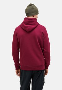 Felpa borgogna con cappuccio regolabile, orlo e polsini a coste, e una texture liscia. Indossata con pantaloni scuri e un berretto verde.