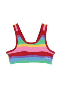 Top de baño recortado para niños con tirantes anchos, ribete rojo y rayas horizontales de arcoíris en verde, amarillo, rosa, rojo, púrpura y azul.