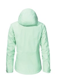 Minzgrüne, wasserdichte Jacke mit Kapuze, die ein schlankes Design, eine glatte Textur und lange Ärmel aufweist. Keine sichtbaren Beschläge oder Muster.