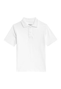 White short-sleeve polo shirt with two buttons and a collar, laid flat on a white background.