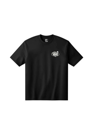 Camiseta negra de Vans con mangas cortas y un pequeño logo blanco de Vans en el pecho izquierdo con una calavera y plantas.