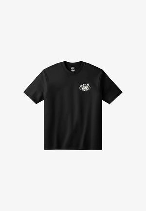 Camiseta negra de Vans con mangas cortas y un pequeño logo blanco de Vans en el pecho izquierdo con una calavera y plantas.