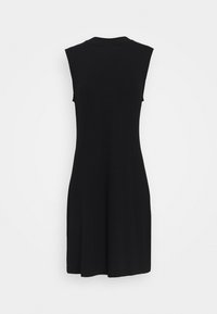 Mustat hihattomat mekko, jossa on pyöreä kaula-aukko, valmistettu pehmeästä kankaasta, jossa on A-linjainen siluetti, joka levenee hellästi helman kohdalla.