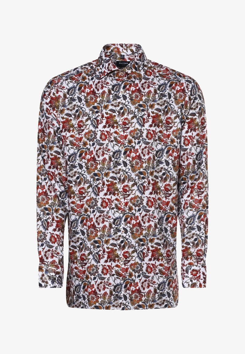 Chemise boutonnée à manches longues pour homme, avec un fond blanc et un motif floral dense en rouge, orange, marron et noir.