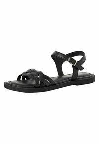 Sandales en cuir noir avec des lanières tissées sur les orteils, une sangle de cheville avec boucle et une semelle en caoutchouc plate.