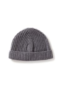 Gray knitted beanie hat with a ribbed texture and a folded cuff. Features vertical stitching and a soft, warm material.