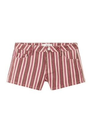 Pantaloncini di jeans a strisce verticali rosa e marroni con tasche frontali, passanti per cintura e chiusura con bottone.