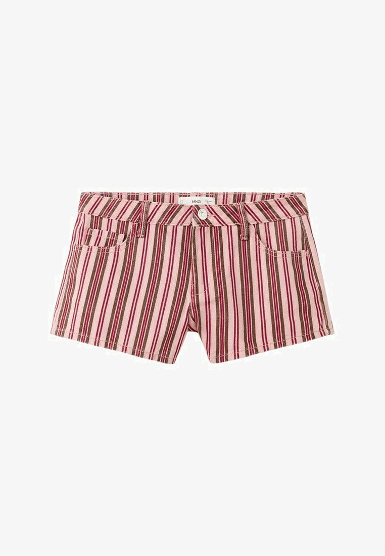 Shorts en denim rayés verticalement rose et marron avec poches avant, passants pour ceinture et fermeture à bouton.