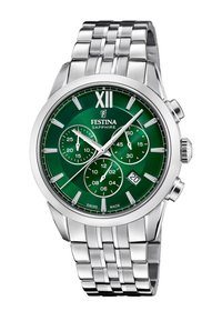 Montre Festina avec un bracelet en métal argenté, un cadran vert et des index blancs. Présente une fonction chronographe, une fenêtre de date et un verre saphir.