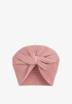 Strick-Stirnband in sanftem Pink mit strukturiertem Rippdesign und einer zentralen Schleifenapplikation. Hergestellt aus flexiblem, warmem Garnmaterial.