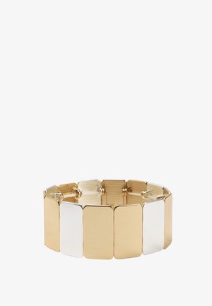 Elastyczna bransoletka z metalu w kolorze złotym i srebrnym, z naprzemiennie ułożonymi prostokątnymi, gładkimi panelami połączonymi w ciągły pas.