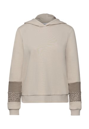 Sweat-shirt à capuche beige clair à manches longues, avec des accents en tissu beige plus foncé et imprimé léopard aux poignets.