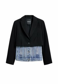 Schwarzer, kurz geschnittener Blazer mit unterem Teil aus Jeansstoff. Verfügt über ein Revers mit Kerbkragen, einen einzelnen Knopfverschluss sowie blauen Jeansstoff mit sichtbaren Nieten und Taschen.