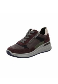 Multicolored sneaker featuring burgundy, gray, and green suede, textured accents, gray laces, and a side zipper. Lightweight sole with navy tread.