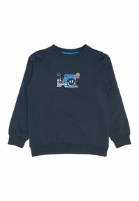 Mörkblå sweatshirt i bomullsblandning med ribbade muddar. Har en färgglad tryck av ett leende ansikte, moln och texten "DET ÄR EN BRA DAG."