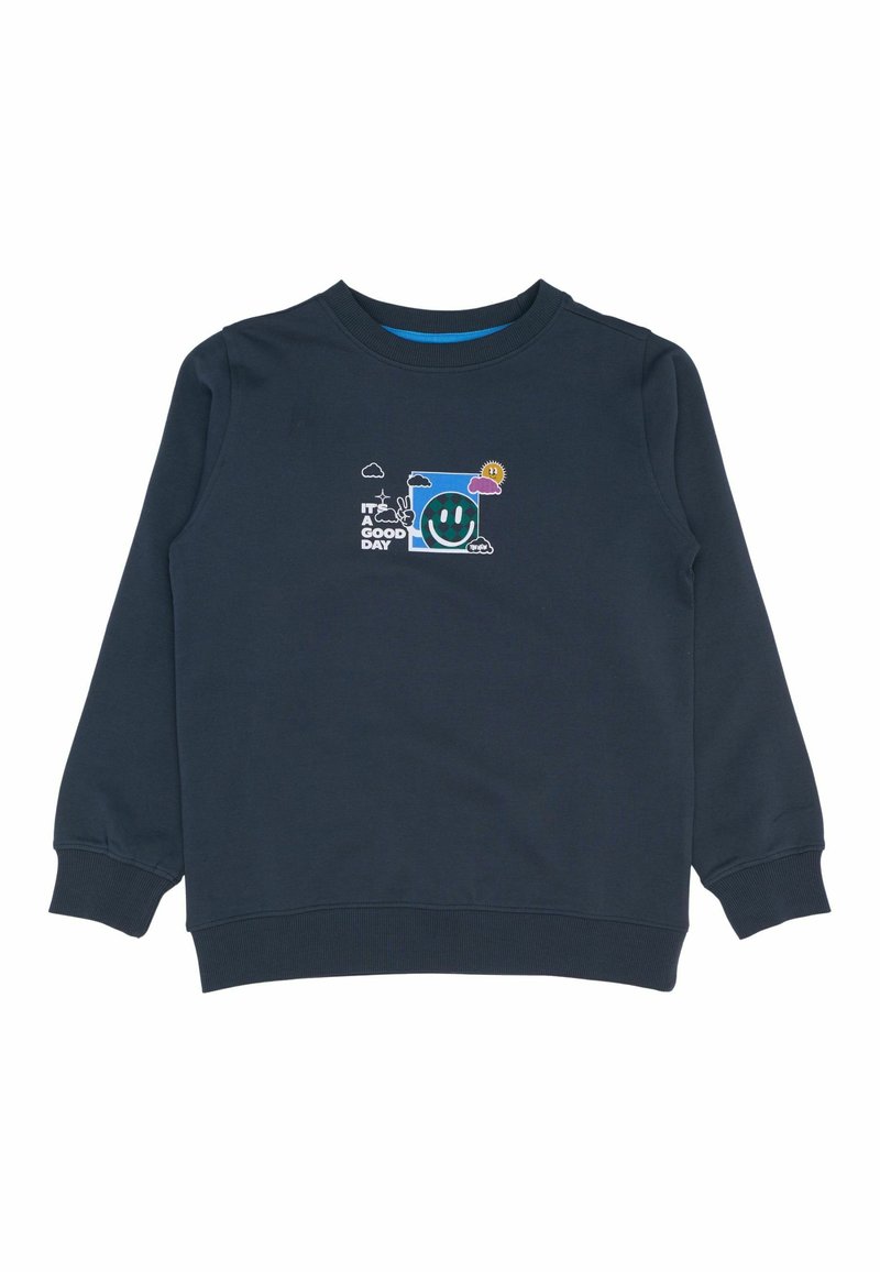 Mörkblå sweatshirt i bomullsblandning med ribbade muddar. Har en färgglad tryck av ett leende ansikte, moln och texten "DET ÄR EN BRA DAG."