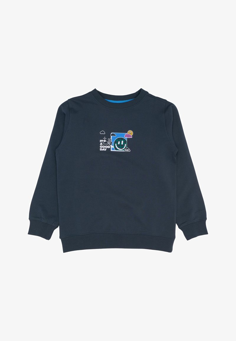 Sudadera de color azul marino en mezcla de algodón con puños acanalados. Presenta una estampado colorido de una cara sonriente, nubes y el texto que dice "ES UN BUEN DÍA."