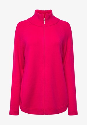 Fuchsiefarbener Zip-Pullover mit hohem Kragen, gerippten Bündchen und lockerer Passform. Aus weichem Stoff gefertigt, verfügt er über eine glatte Textur und ein leichtes Design.