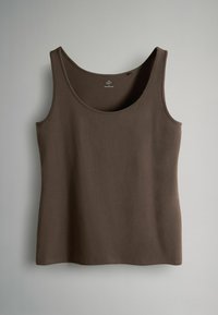 Brązowy bezrękawnik wykonany z gładkiej, miękkiej tkaniny, z okrągłym dekoltem i prostym dołem, z minimalnymi detalami szwów.