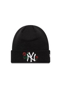 Berretto lavorato a maglia nero con risvolto, caratterizzato da un logo NY ricamato bianco e design di rose rosse. Tessuto morbido con una vestibilità aderente.