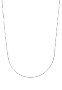 Collana in argento sottile con maglie rettangolari che formano un anello liscio e continuo su uno sfondo bianco.
