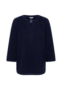 Marineblauwe blouse met lange mouwen, een ronde halslijn en een V-vormige uitsnijding aan de voorkant, gemaakt van textuurstof.