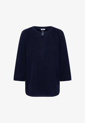 Mørkeblå langærmet bluse med rund halsudskæring og en V-formet udsparing foran, lavet af struktureret stof.