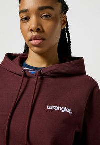 Bordeaux hoodie met logo-detail, voorzien van een capuchon met trekkoord, een zachte textuur en een gelaagd gestreept shirt eronder.