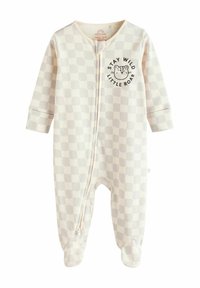 Body en coton pour bébé en crème avec un motif à carreaux gris. Doté d'une fermeture éclair sur le devant, de poignets rabattables et de l'inscription "RESTE FOUS ENFANT ROAR".