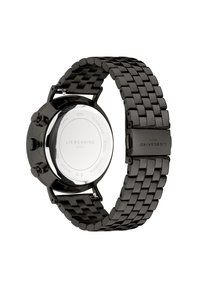 Zwarte roestvrijstalen polshorloge met een gestructureerde band, gepolijst bezel en een gladde, reflecterende wijzerplaat waarop de merknaam staat weergegeven.