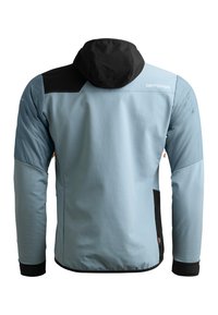 Light blue outdoor jacket with a black hood and shoulder accents. Features a smooth texture, elastic cuffs, and back ventilation.
