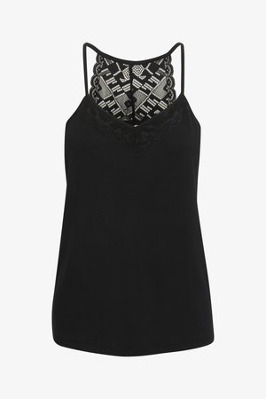 Čierny top bez rukávov s tenkými ramienkami, ozdobený čipkovým lemom okolo výstrihu a vzorovaným čipkovým detailom na zadnej strane. Hladká, ľahká tkanina.