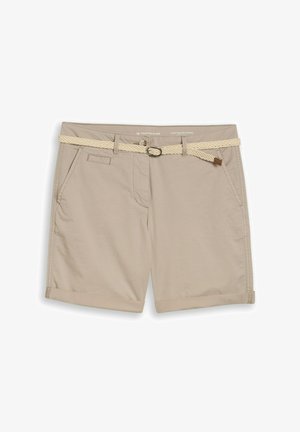 Beige Chino-Shorts mit umgeschlagenen Säumen, Vordertaschen, Gürtelschlaufen und einem cremeweißen gewebten Gürtel mit Metallschnalle.