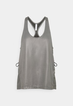 Débardeur de sport gris sans manches avec dos nageur et cordons latéraux sur un fond clair.